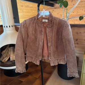 Vintage Women’s Brown Suede Button Up Jacket with Ruffle Accents